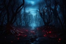 Halloween background with dark forest and glowing red lights, 3d render