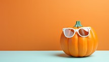 Pumpkin wearing sunglasses on orange background. 3D Rendering