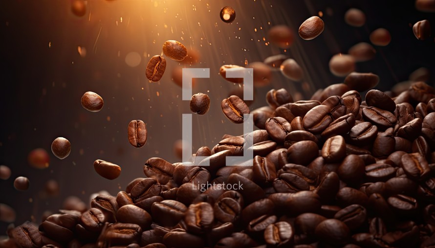 Coffee beans flying in the air on a dark background.