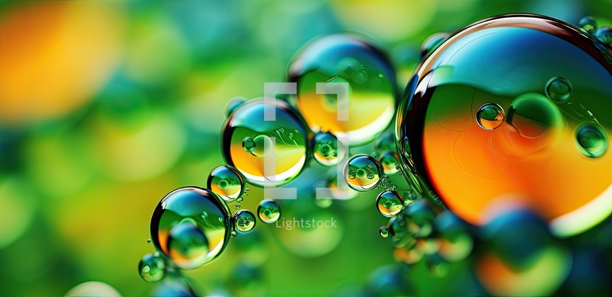 Close up of water drops on green background. 3D illustration.