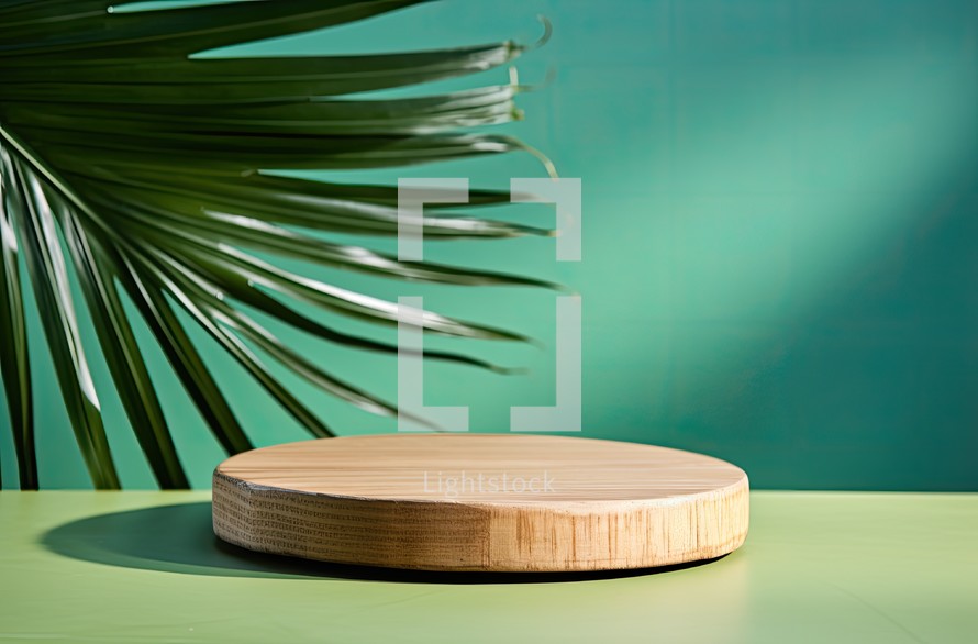 Wooden podium on green background with palm leaf. Mockup for product presentation