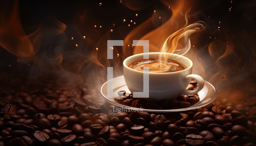 Cup of coffee with smoke and coffee beans on dark background.