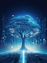 abstract futuristic tree with music notes on dark blue background, vector illustration