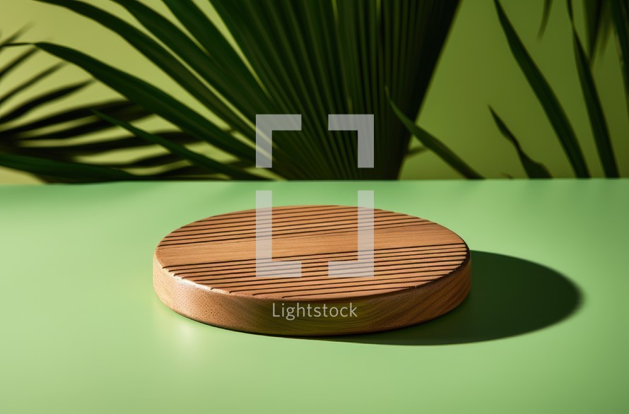 Wooden podium on green background with palm leaves. Mockup for product presentation