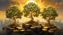Conceptual image of money tree growing from pile of coins.