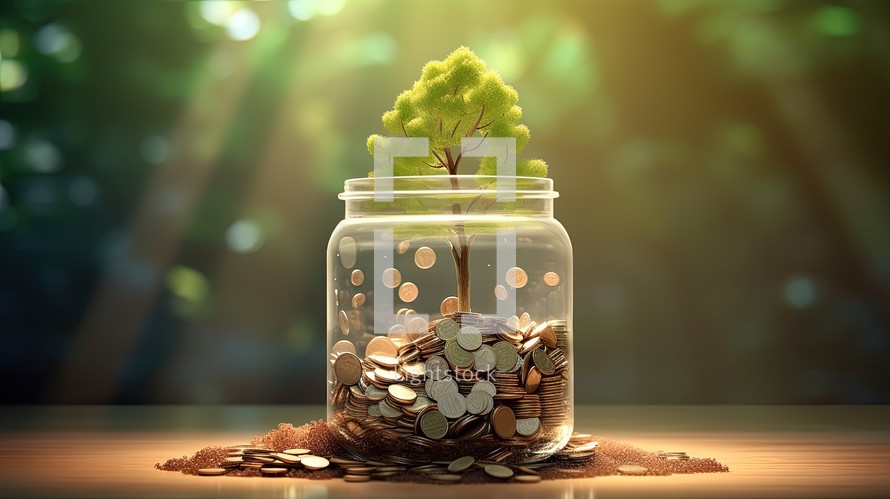 Tree growing from coins in glass jar with bokeh background.