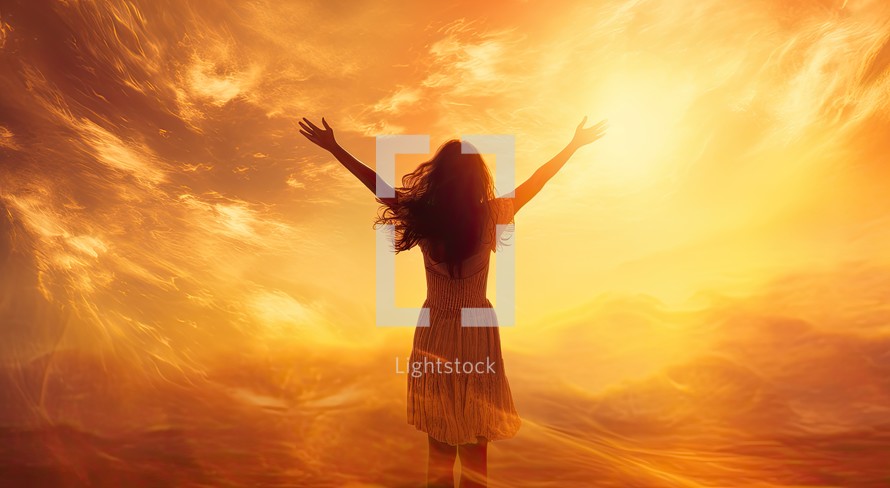 Silhouette of happy young woman with hands up on sunset sky background