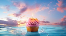 Birthday cupcake with candle on the water. 3d render