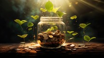 Investment concept, Coins in the glass jar with tree growing on dark background