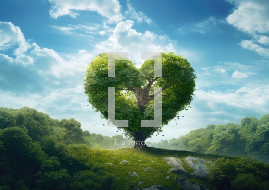 Green heart shaped tree on a hill with blue sky and clouds background