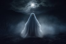 Halloween ghost in the dark foggy forest. 3D rendering