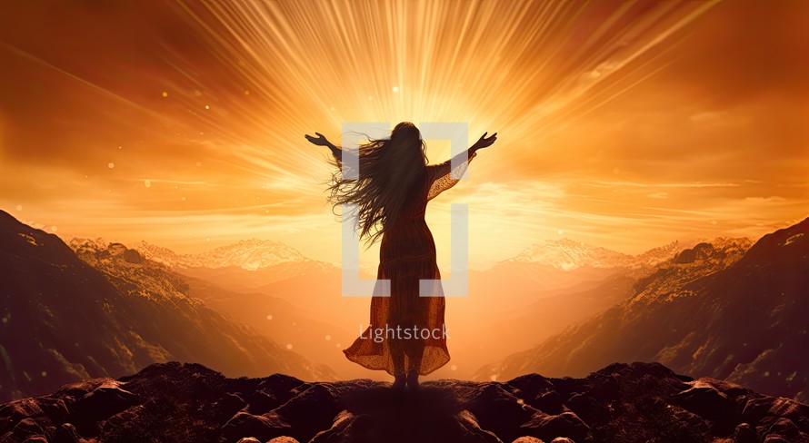 Fantasy image of a woman with open arms in the mountains.