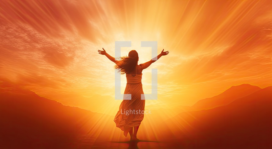 Silhouette of woman with open arms on sunset sky background.