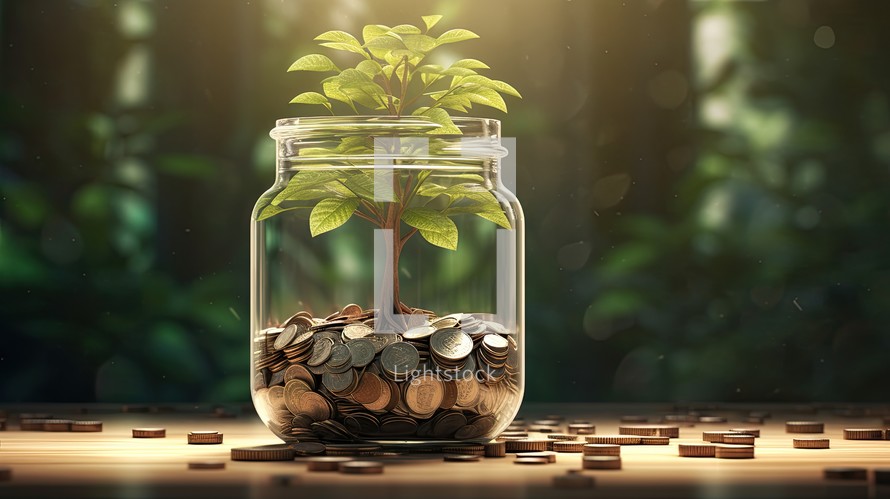 plant growing out of coins in a glass jar. 3D rendering