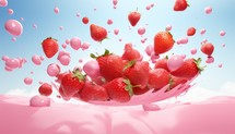Strawberries in a pink milk splash. 3d illustration.
