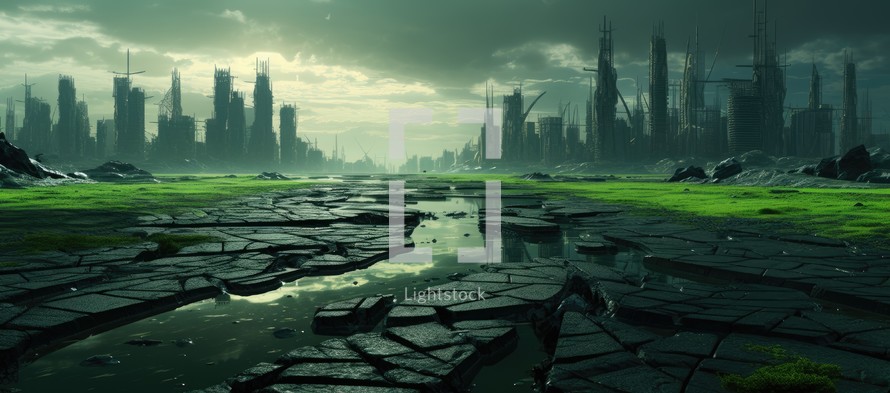 Futuristic city landscape with cracked ground. 3d render illustration