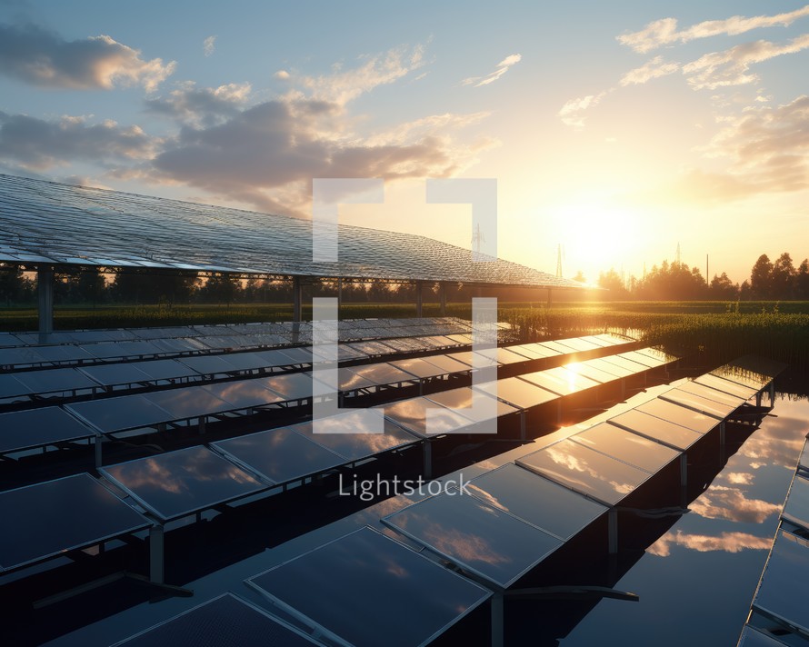 Solar panels in the field at sunset, 3d rendering. Computer digital drawing.