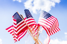American flags in a vase and blue sky 