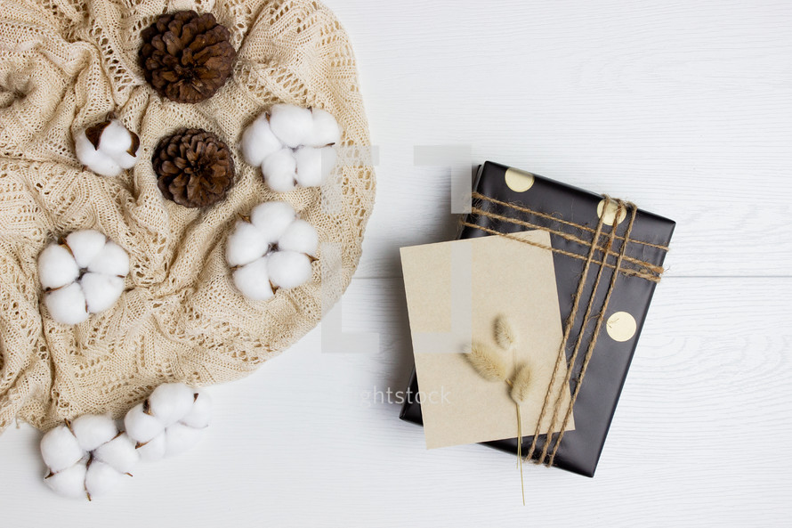 cotton and pine cones with a gift 