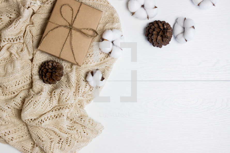 cotton and gift on a white background 