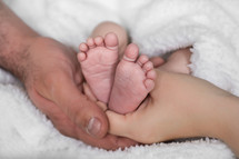 Mother and father's hands holding infant's feet.