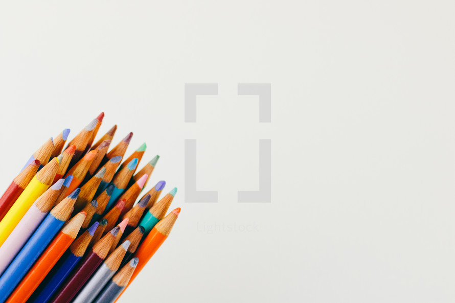 sharpened colored pencils on a white background 