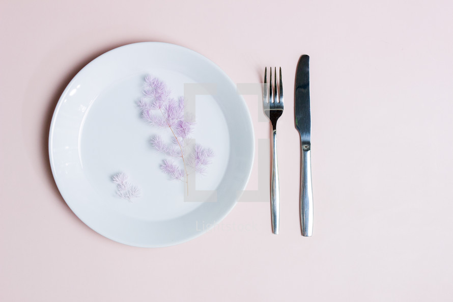 Sweet healthy concept with white plate, knife and fork on pink background. 