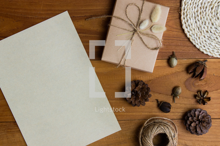 blank paper and pine cones 