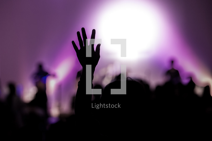 silhouettes of raised hands in an audience at a concert 
