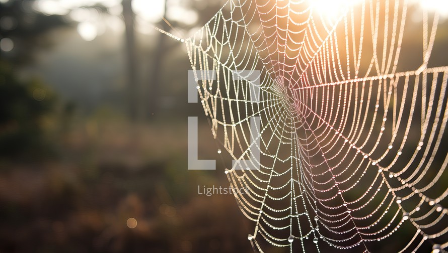 Spider web with dew drops in morning light. Nature background.