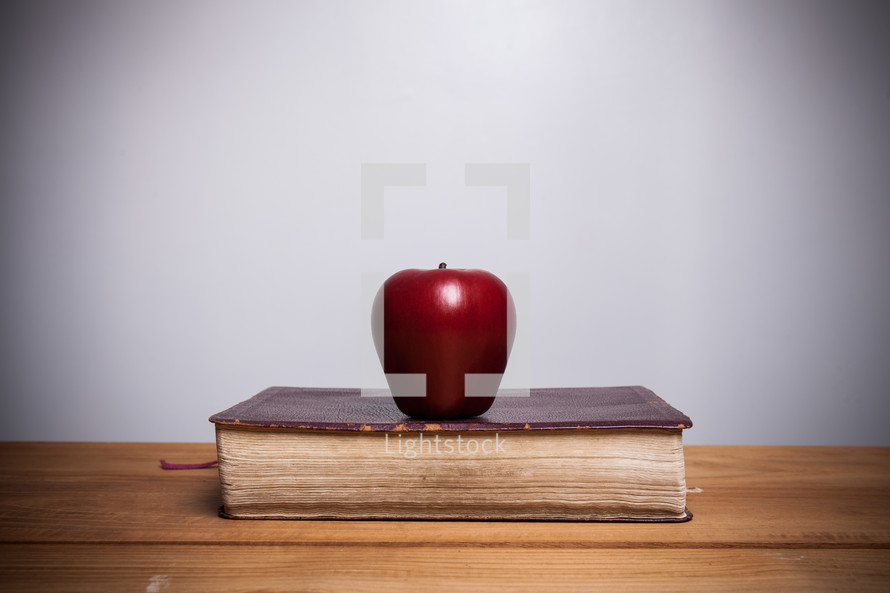 A red apple on a leather bound book.