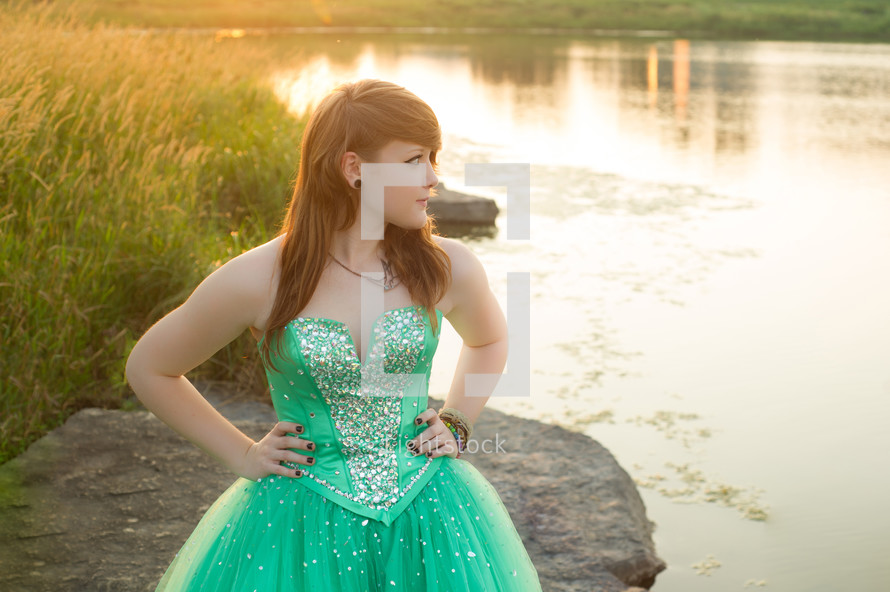 teen girl in a green prom dress