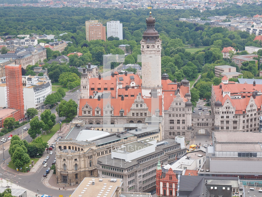 Aerial view of the city of Leipzig in Germany with the Neue Rathaus new council hall