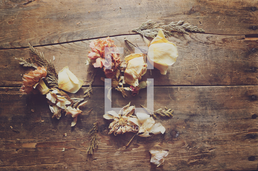 a dried bouquet scattered on wood