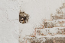 kitten peeking through a hole in a wall 