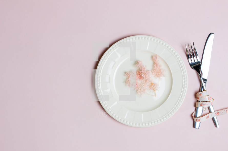 Healthy eating concept with plate with knife and fork over the pink background.