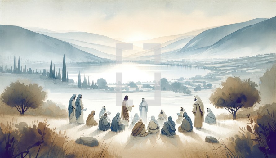 Jesus preaching in Galilee and gathering his disciples. Life of Jesus. Digital illustration. 
