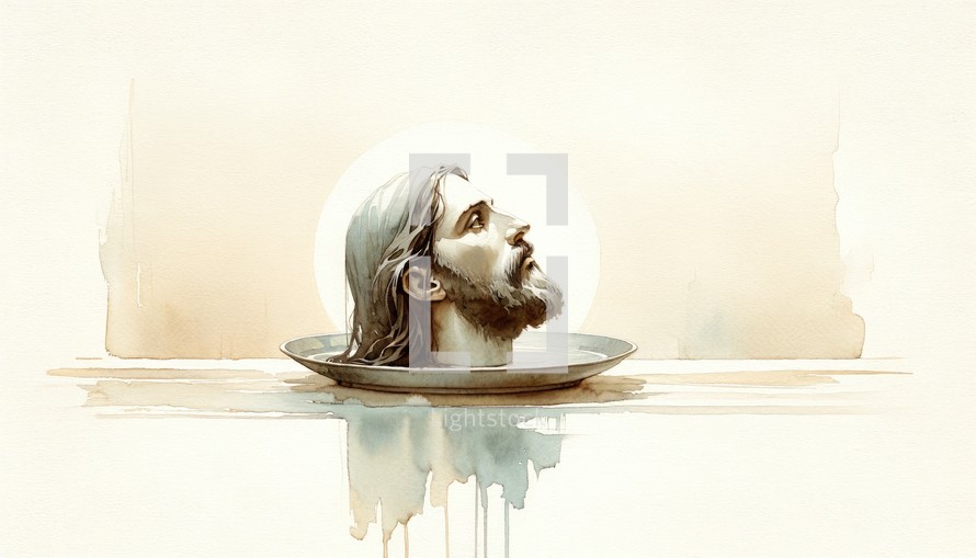 The Feast of Herod. The head of John the Baptist on a platter. Watercolor digital painting.
