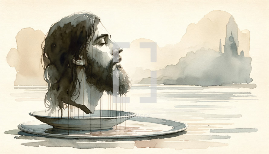 The Feast of Herod. The head of John the Baptist on a platter. Watercolor digital painting.

