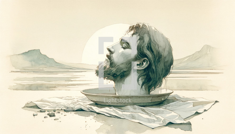 The Feast of Herod. The head of John the Baptist on a platter. Watercolor digital painting.

