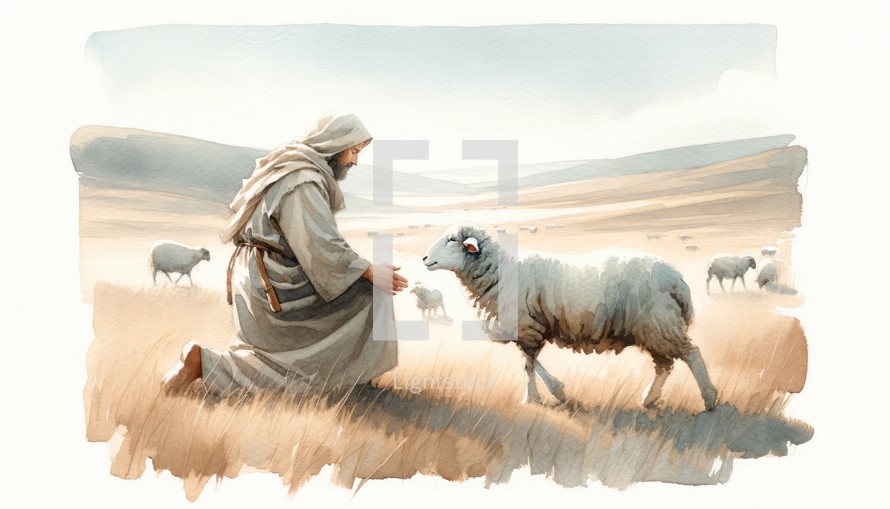 Parable of the Lost Sheep. 19th Parable of Jesus Christ. Watercolor Biblical Illustration