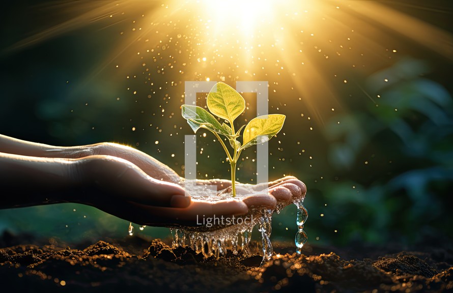 Human hand holding green plant in soil. Ecology and environment protection concept