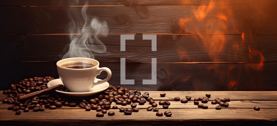Coffee cup and coffee beans on a wooden table in front of a fire
