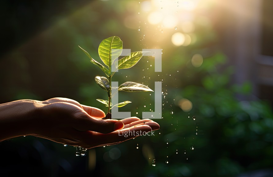 Human hand holding sprout with water drop on nature background. Ecology concept