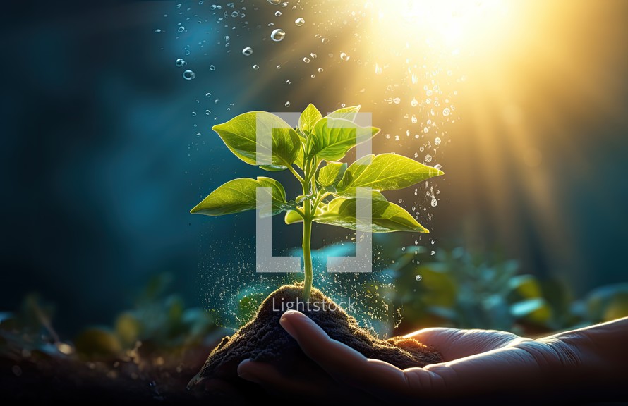 Human hands holding green seedling growing out of soil. Ecology concept