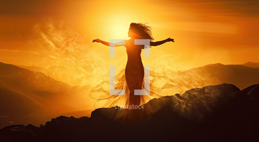 Young woman in long dress with arms outstretched looking at the sunset