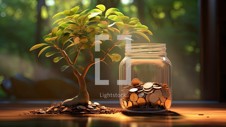 Coins in glass jar and tree on wooden table. Saving concept