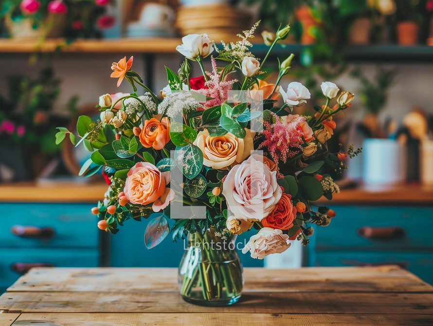 Flower Bouquet in a vase in a kitchen full of plants