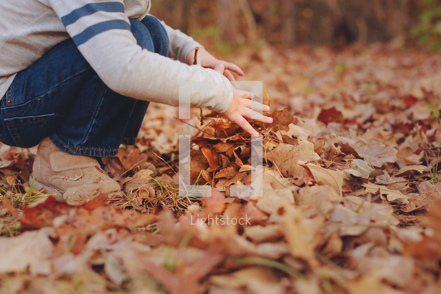 boy child playing in fall leaves 