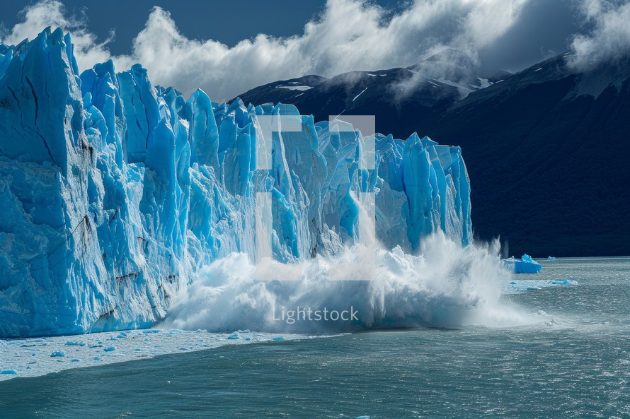 Glacier Calving with Ice Crashing into Lake with Mountains in Background